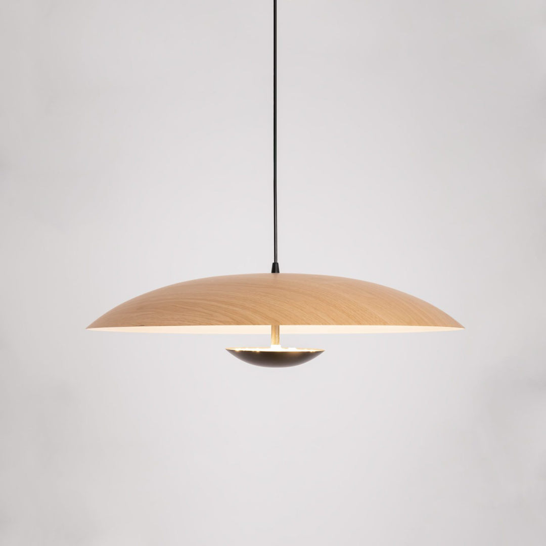 Ginger Nordic Pendant Light, metal with woodgrain and matte black finish, sleek design, ideal for modern interiors.