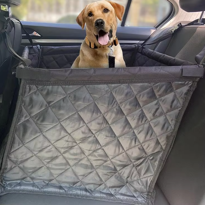 "Gray waterproof dog car seat protector with padded design and side protection, shields against dirt and scratches."