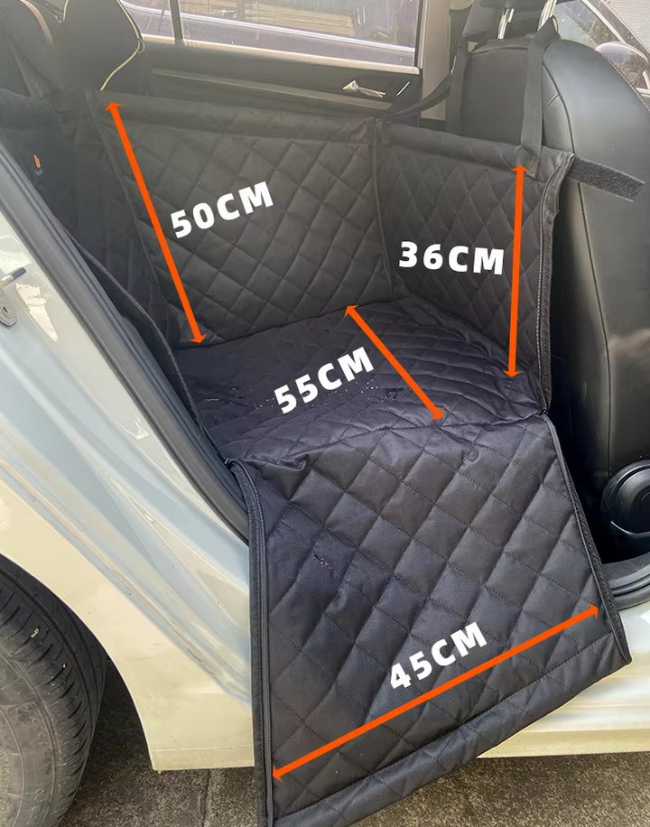 "Gray waterproof dog car seat protector with padded design and side protection, shields against dirt and scratches."