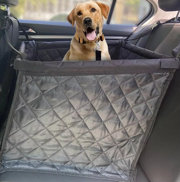 "Gray waterproof dog car seat protector with padded design and side protection, shields against dirt and scratches."