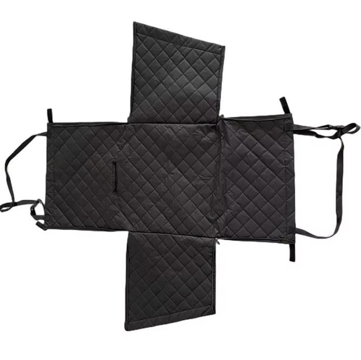 "Gray waterproof dog car seat protector with padded design and side protection, shields against dirt and scratches."