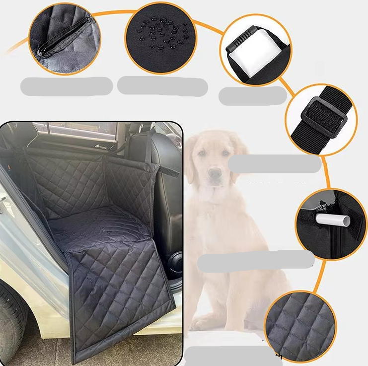 "Gray waterproof dog car seat protector with padded design and side protection, shields against dirt and scratches."
