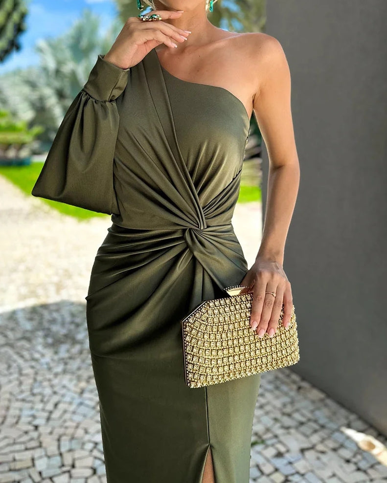 Green one-shoulder evening dress for women with open long sleeve, maxi length, and front slit, perfect for formal events.