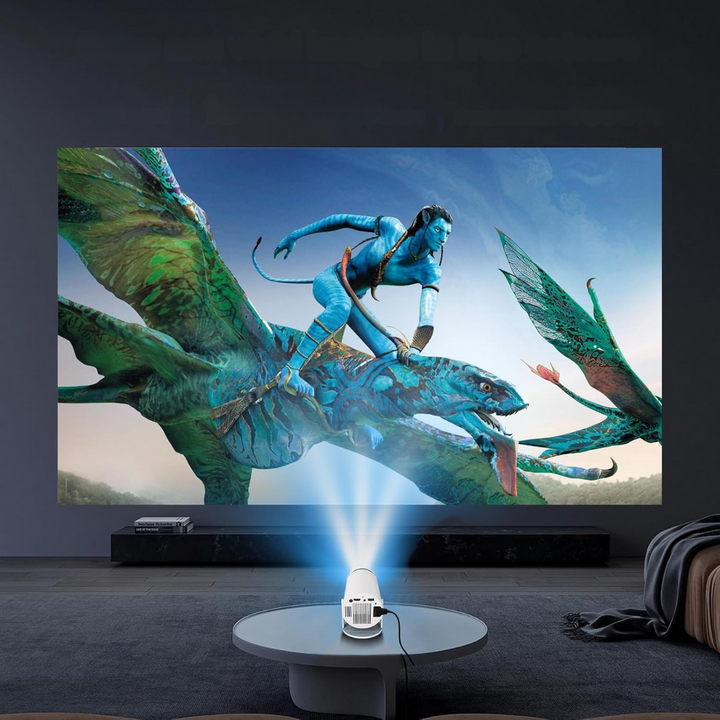 "HD Smart 4K Projector with Bluetooth, showing 130-inch vibrant display, suitable for home theater setup and presentations."