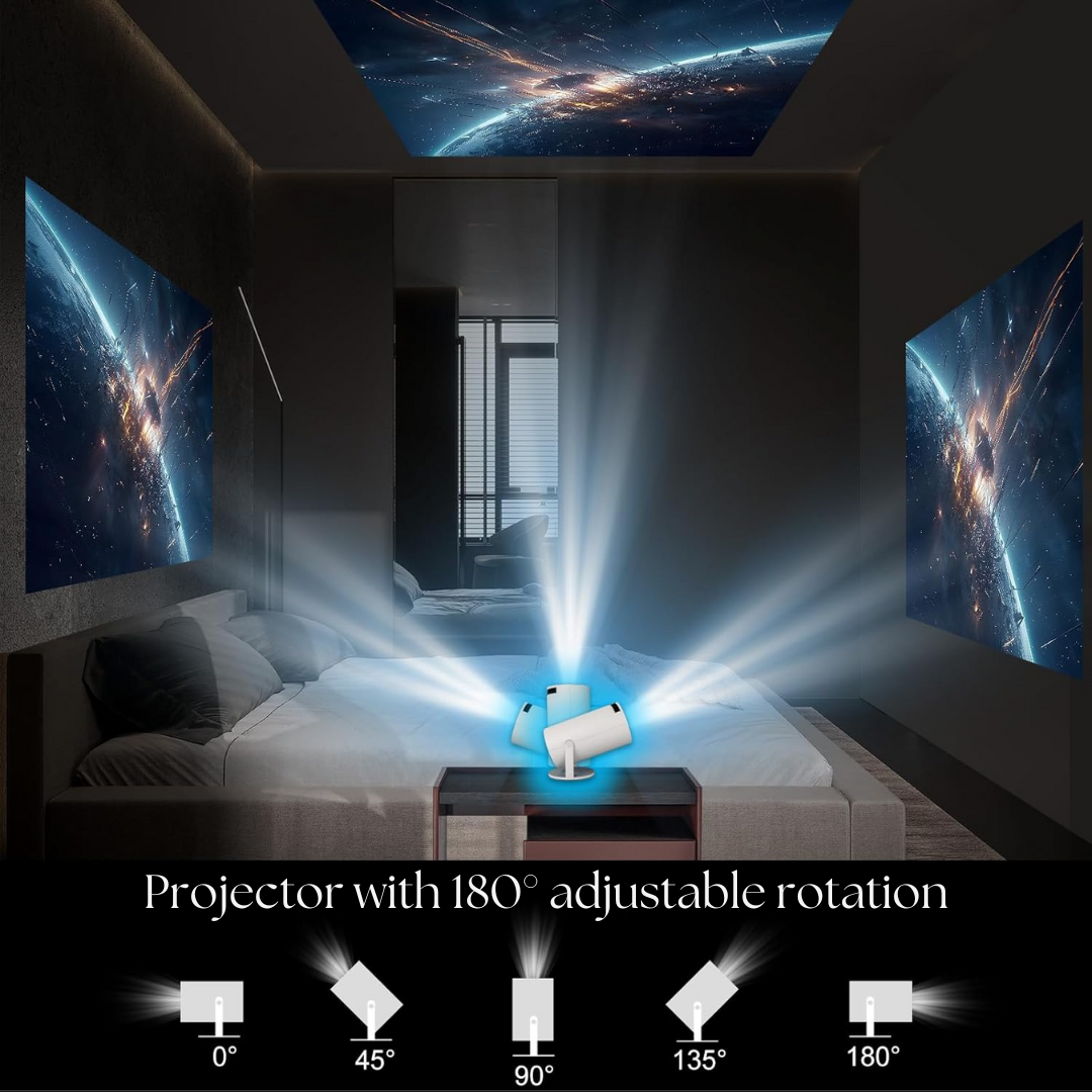 "HD Smart 4K Projector with Bluetooth, showing 130-inch vibrant display, suitable for home theater setup and presentations."