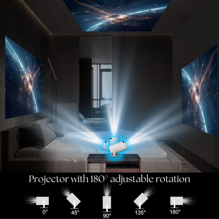 "HD Smart 4K Projector with Bluetooth, showing 130-inch vibrant display, suitable for home theater setup and presentations."