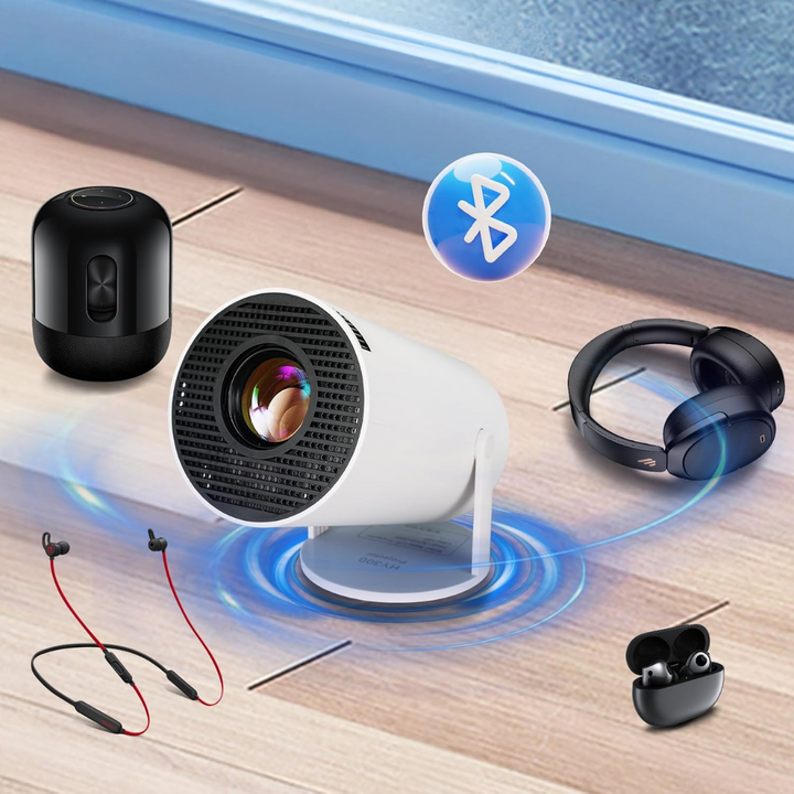 "HD Smart 4K Projector with Bluetooth, showing 130-inch vibrant display, suitable for home theater setup and presentations."