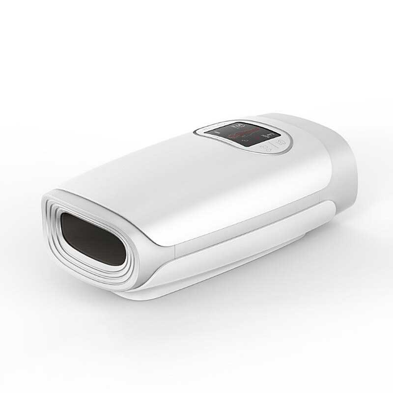 "Hand massager with heat and compression, beige, offers versatile relief with acupressure for hand wellness and relaxation."