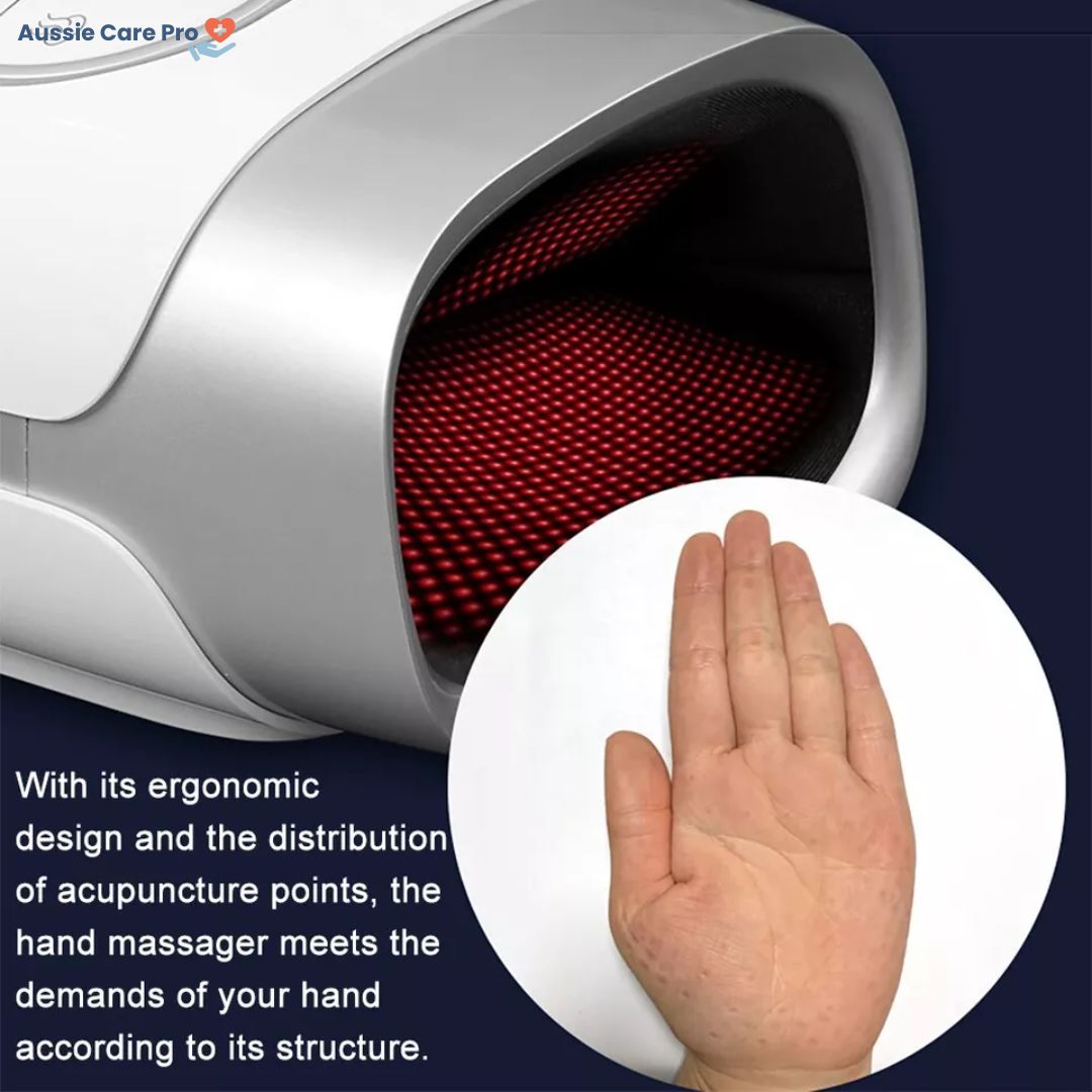 "Hand massager with heat and compression, beige, offers versatile relief with acupressure for hand wellness and relaxation."