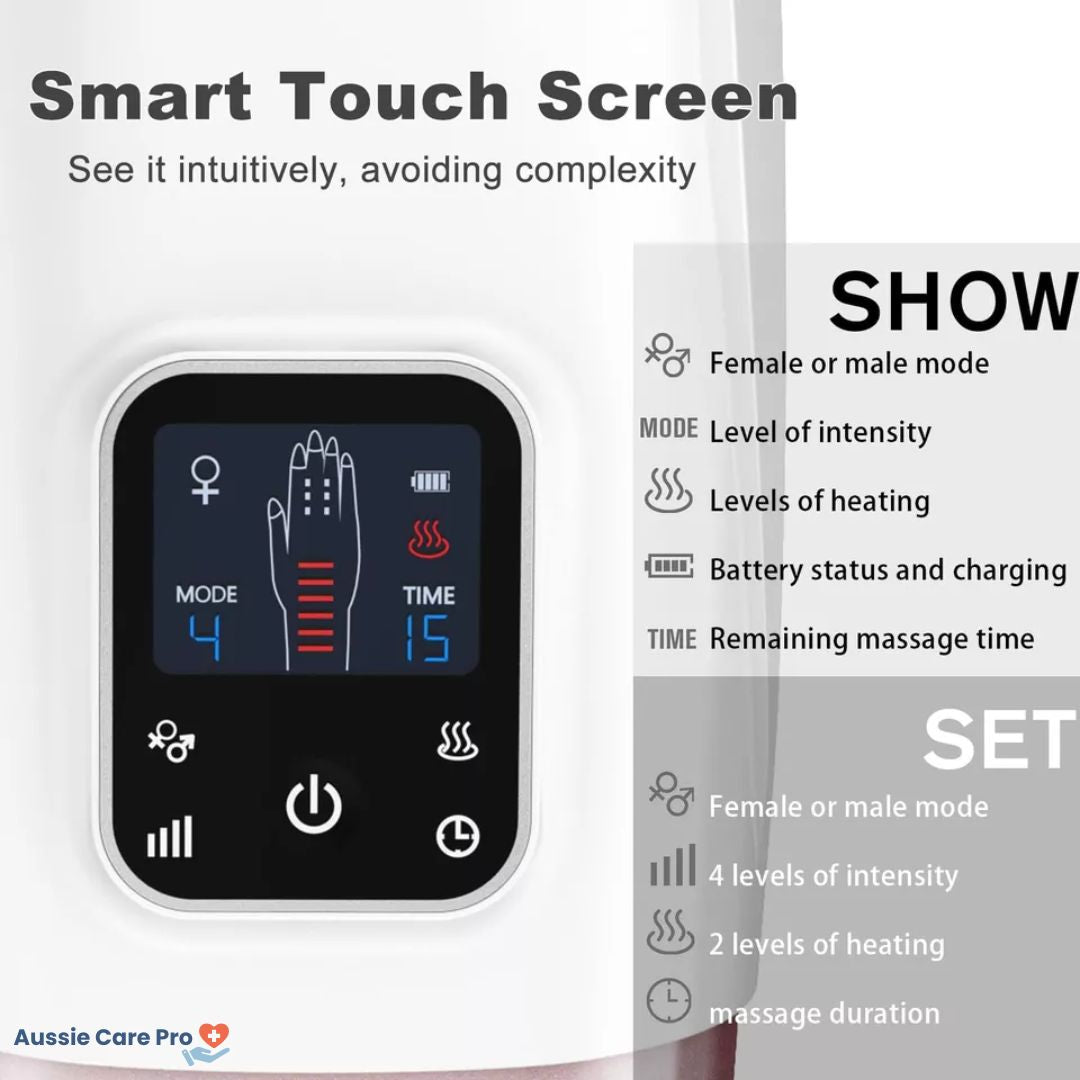 "Hand massager with heat and compression, beige, offers versatile relief with acupressure for hand wellness and relaxation."