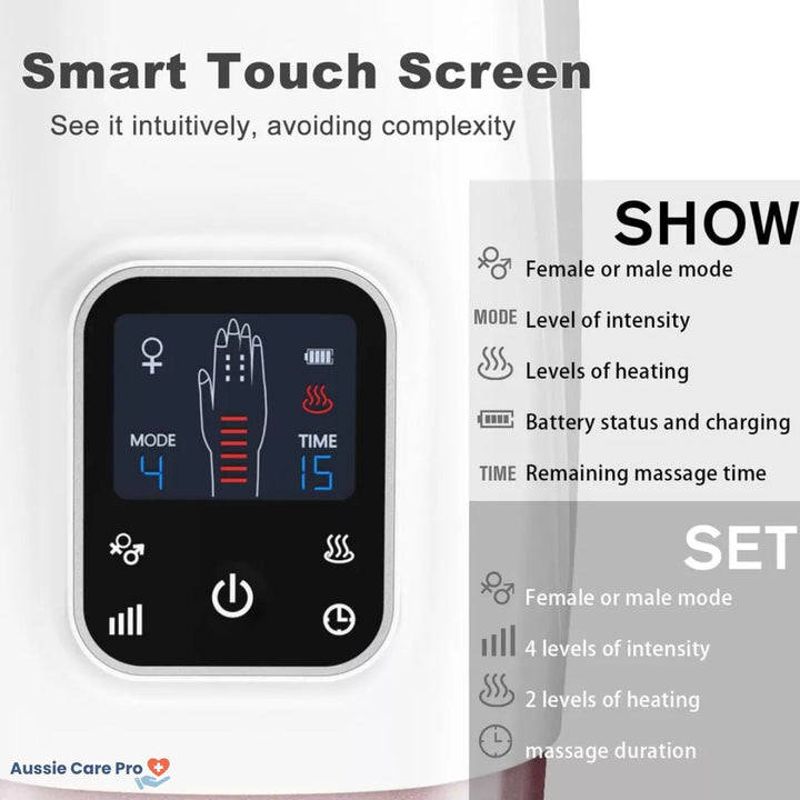 "Hand massager with heat and compression, beige, offers versatile relief with acupressure for hand wellness and relaxation."