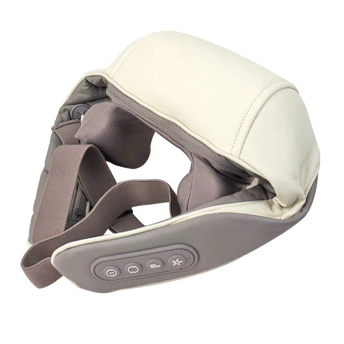 Heated neck and shoulder massager for deep relaxation, mimics human hands, portable, with adjustable heat and intensity.