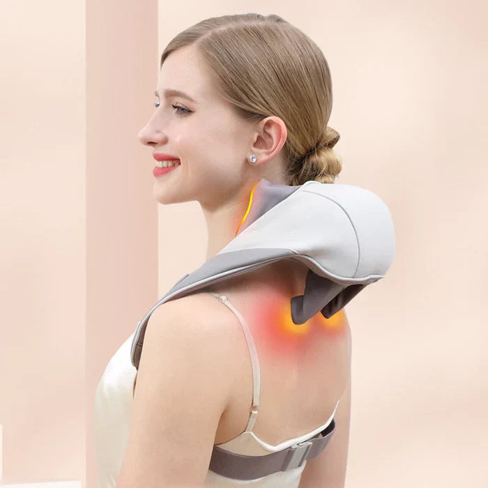 Heated neck and shoulder massager for deep relaxation, mimics human hands, portable, with adjustable heat and intensity.