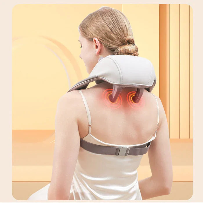 Heated neck and shoulder massager for deep relaxation, mimics human hands, portable, with adjustable heat and intensity.