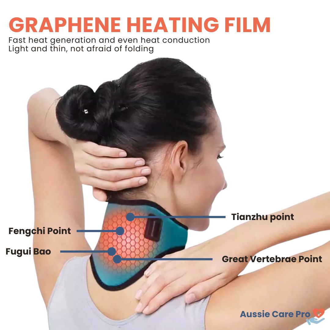 Heated neck wrap in ultra-soft fabric, offering adjustable heat therapy for men and women to ease neck and shoulder tension.