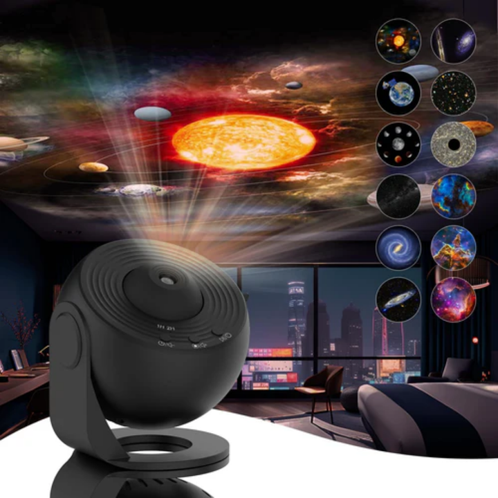 "Home Galaxy Projector displaying colorful starry night with 360° rotation for full-room relaxation ambiance."