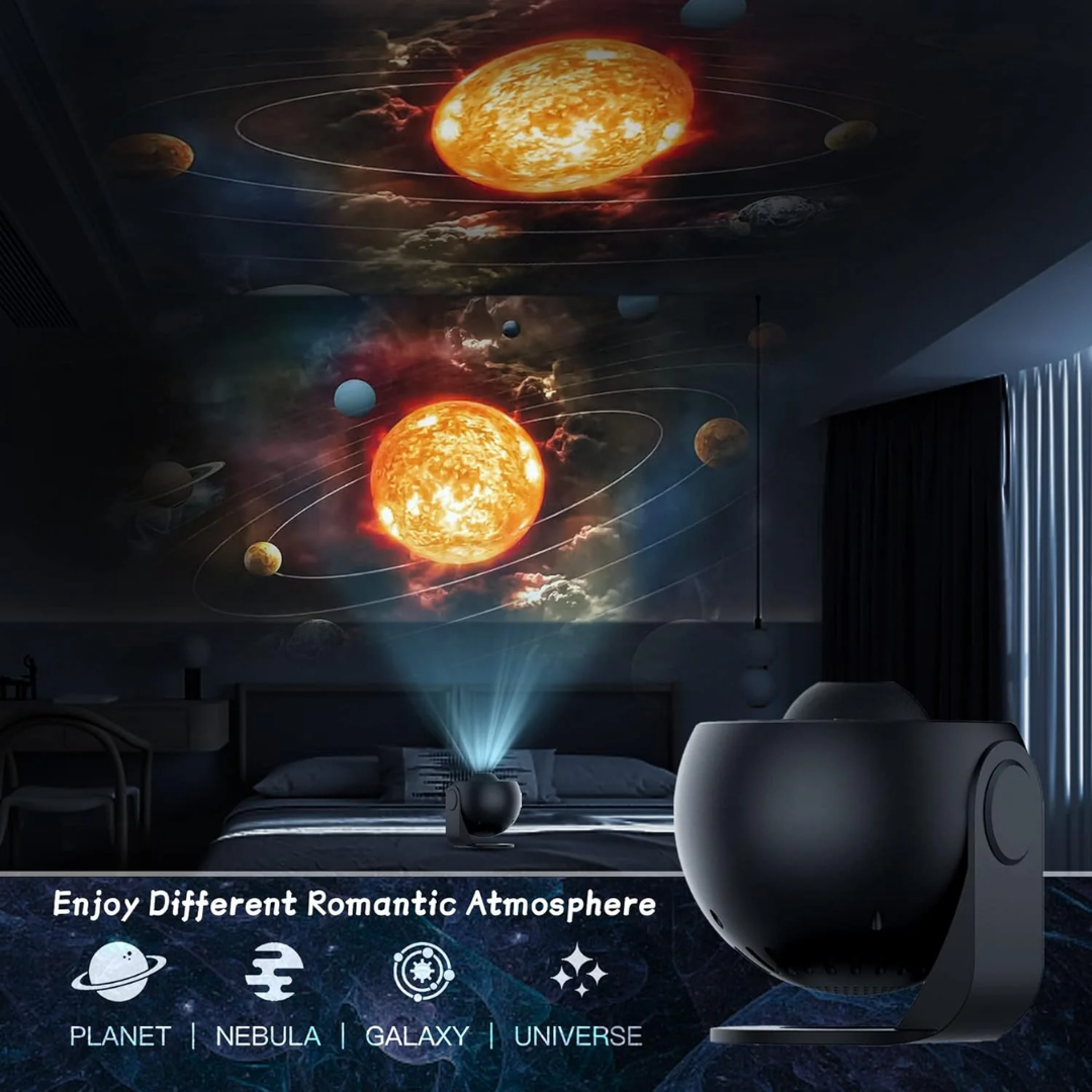 "Home Galaxy Projector displaying colorful starry night with 360° rotation for full-room relaxation ambiance."