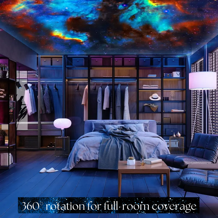 "Home Galaxy Projector displaying colorful starry night with 360° rotation for full-room relaxation ambiance."