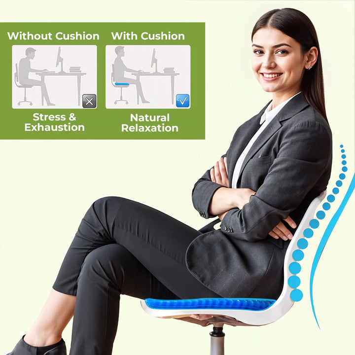"Honeycomb gel seat cushion with cover, blue ergonomic design, enhances chair comfort at home or office."