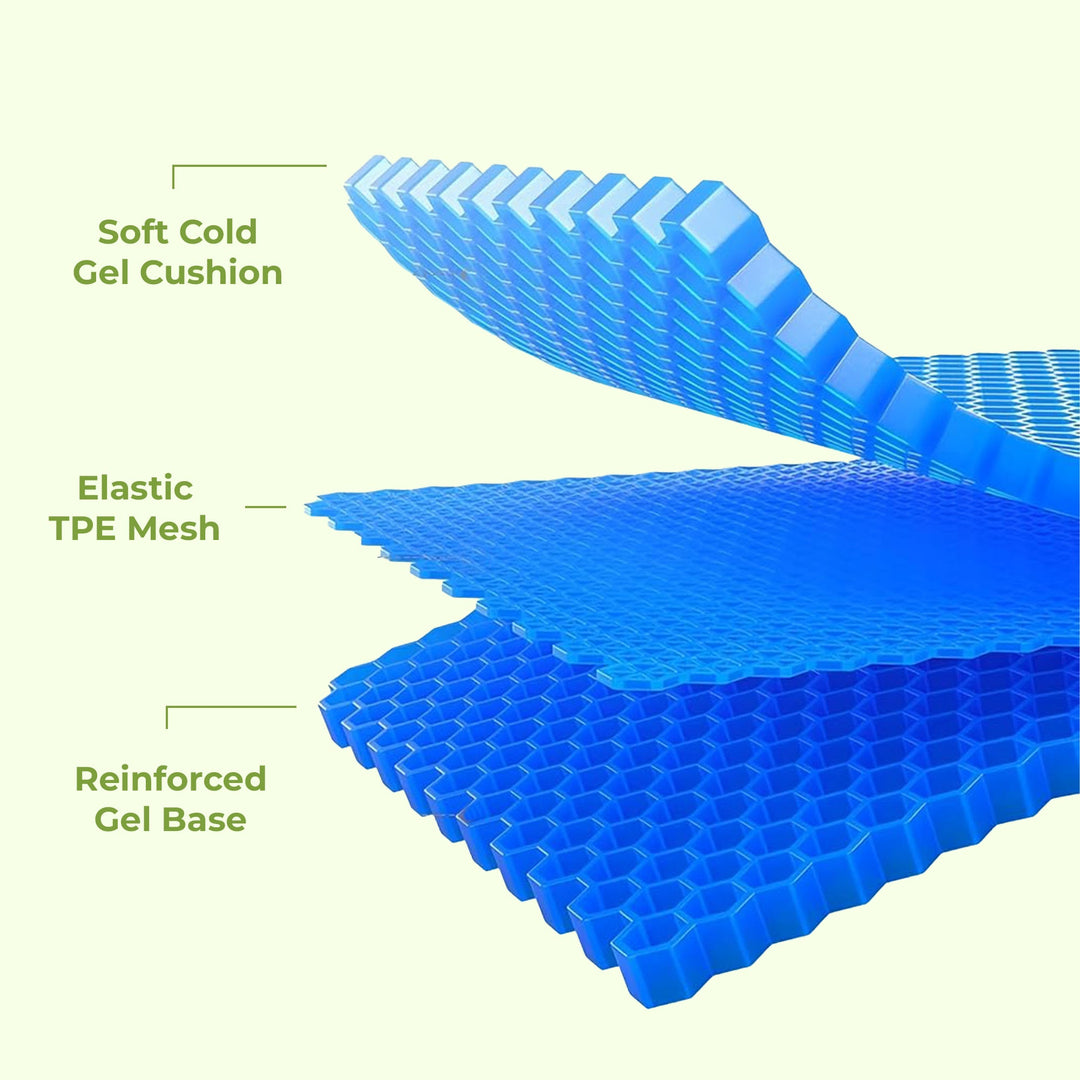 "Honeycomb gel seat cushion with cover, blue ergonomic design, enhances chair comfort at home or office."