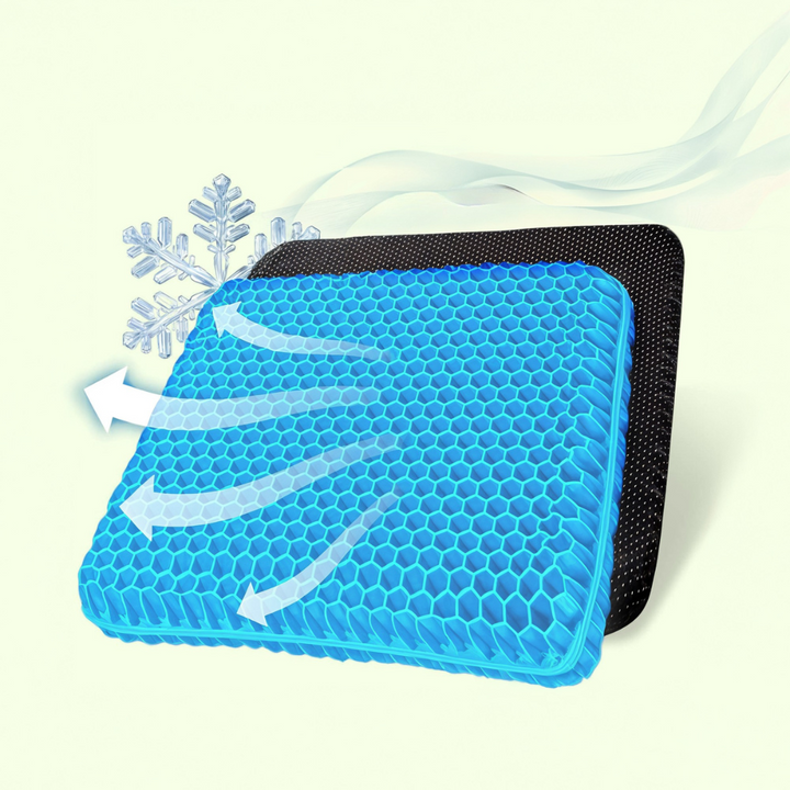 "Honeycomb gel seat cushion with cover, blue ergonomic design, enhances chair comfort at home or office."