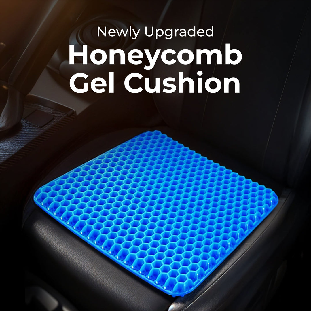 "Honeycomb gel seat cushion with cover, blue ergonomic design, enhances chair comfort at home or office."