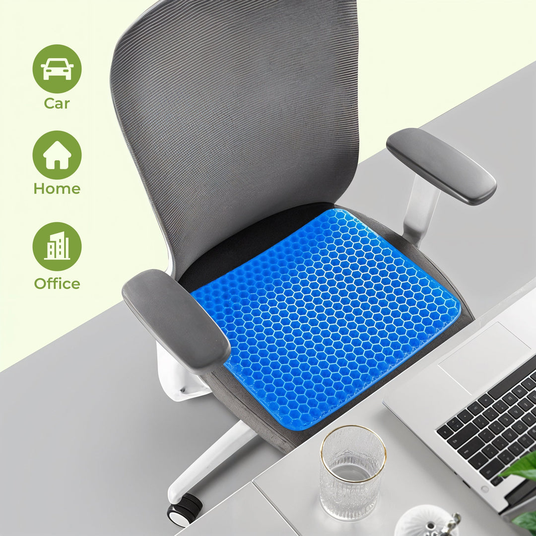 "Honeycomb gel seat cushion with cover, blue ergonomic design, enhances chair comfort at home or office."