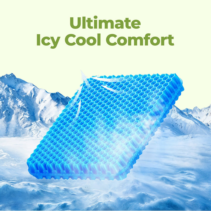 "Honeycomb gel seat cushion with cover, blue ergonomic design, enhances chair comfort at home or office."