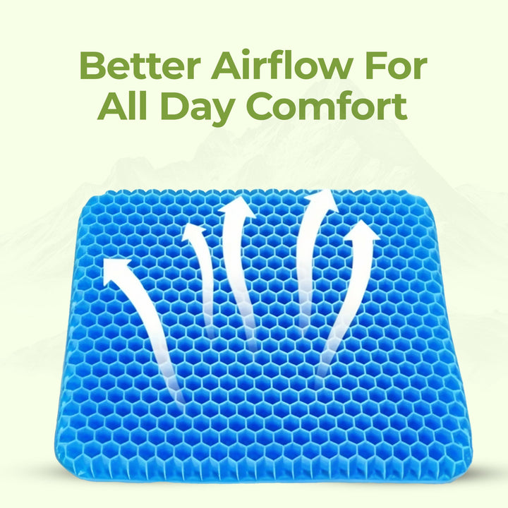 "Honeycomb gel seat cushion with cover, blue ergonomic design, enhances chair comfort at home or office."