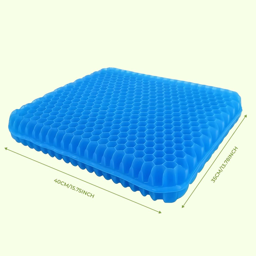 "Honeycomb gel seat cushion with cover, blue ergonomic design, enhances chair comfort at home or office."