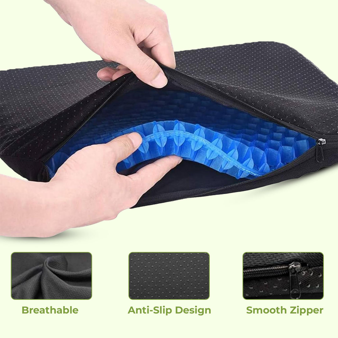 "Honeycomb gel seat cushion with removable cover, featuring non-slip base, enhances comfort and supports posture for chairs."