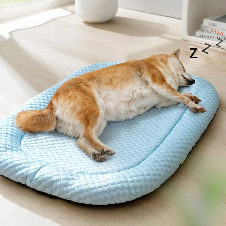 "Ice-silk cooling pet bed, soft blue with smooth texture, ideal for hot weather. Comfortable, breathable, and pet-friendly."