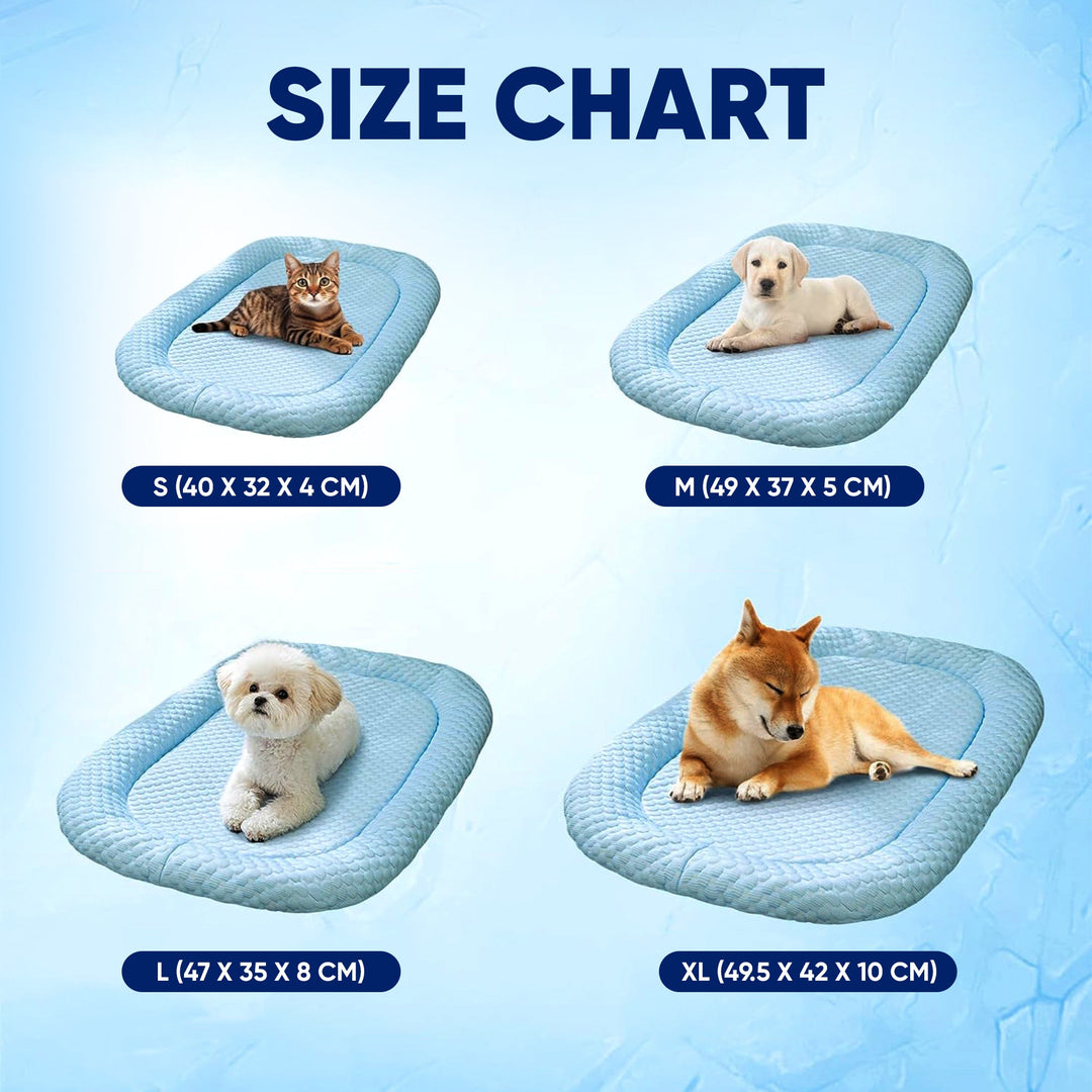 "Ice-silk cooling pet bed, soft blue with smooth texture, ideal for hot weather. Comfortable, breathable, and pet-friendly."