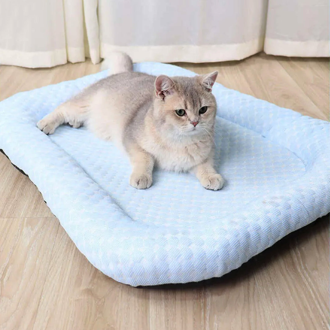 "Ice-silk cooling pet bed, soft blue with smooth texture, ideal for hot weather. Comfortable, breathable, and pet-friendly."