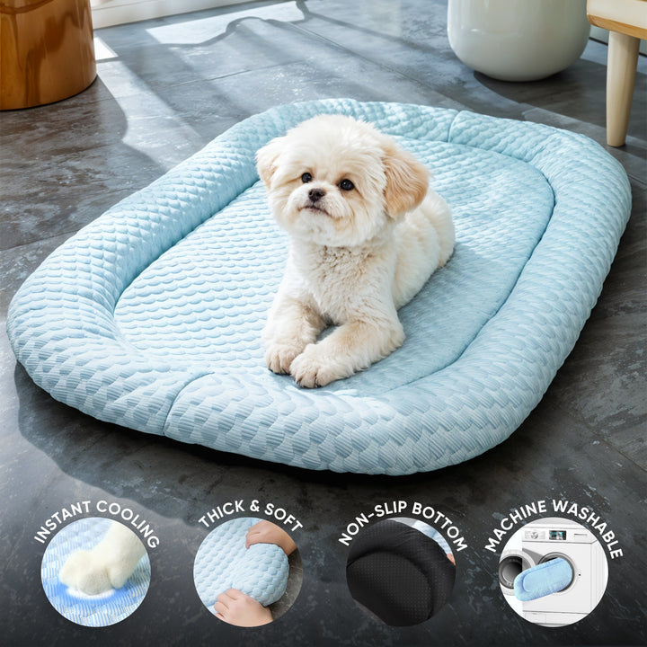 "Ice-silk cooling pet bed, soft blue with smooth texture, ideal for hot weather. Comfortable, breathable, and pet-friendly."