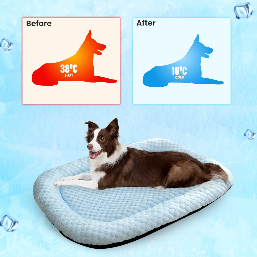 "Ice-silk cooling pet bed, soft blue with smooth texture, ideal for hot weather. Comfortable, breathable, and pet-friendly."