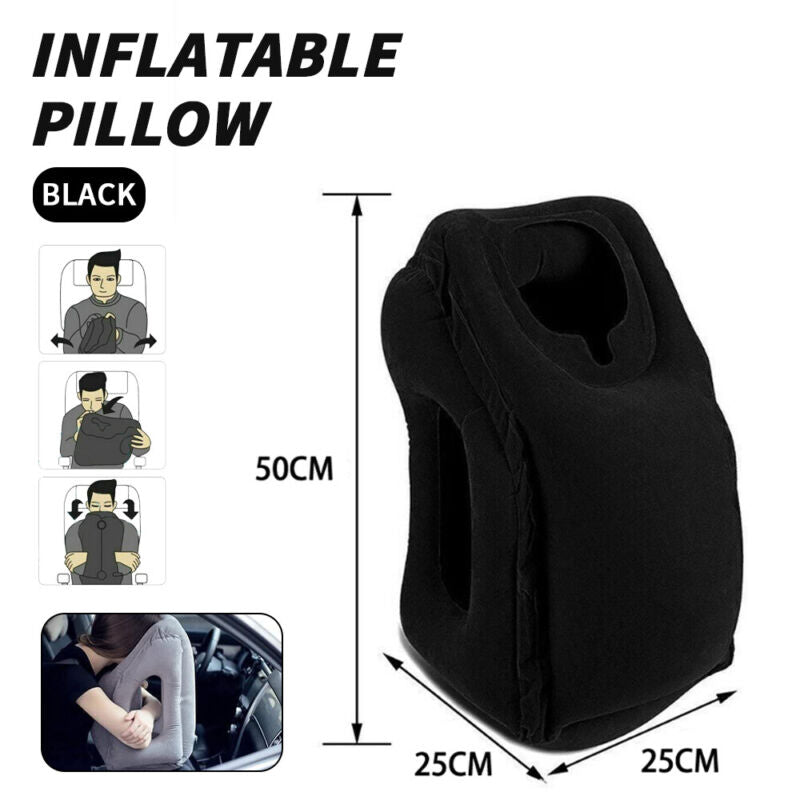 "Inflatable neck support travel pillow in gray, showcasing ergonomic design, skin-friendly material, and compact form."