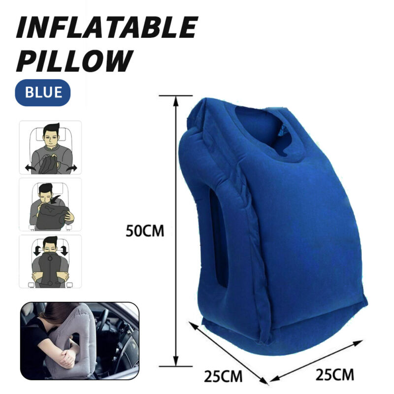 "Inflatable neck support travel pillow in gray, showcasing ergonomic design, skin-friendly material, and compact form."