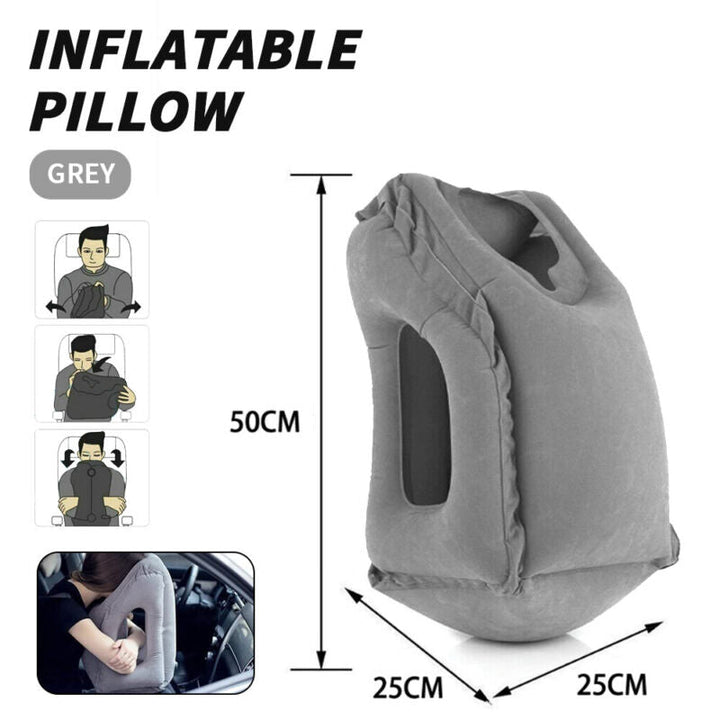 "Inflatable neck support travel pillow in gray, showcasing ergonomic design, skin-friendly material, and compact form."