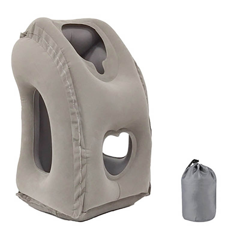 "Inflatable neck support travel pillow in gray, showcasing ergonomic design, skin-friendly material, and compact form."