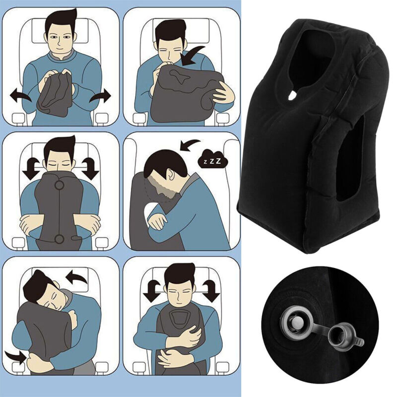 "Inflatable neck support travel pillow in gray, showcasing ergonomic design, skin-friendly material, and compact form."