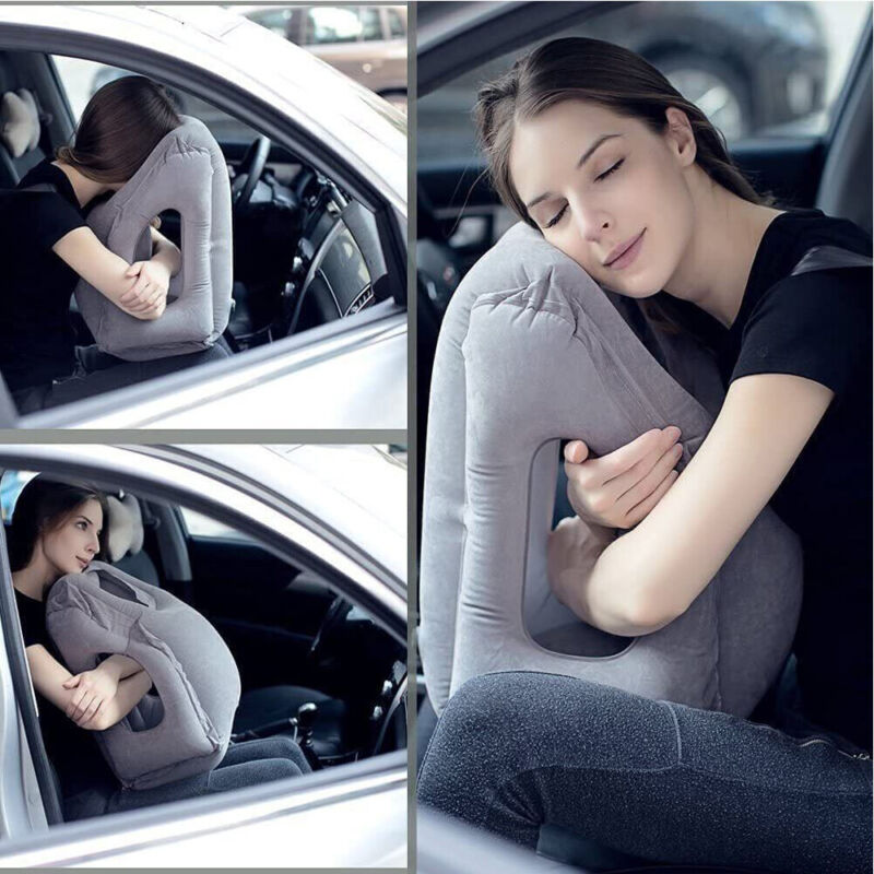"Inflatable neck support travel pillow in gray, showcasing ergonomic design, skin-friendly material, and compact form."