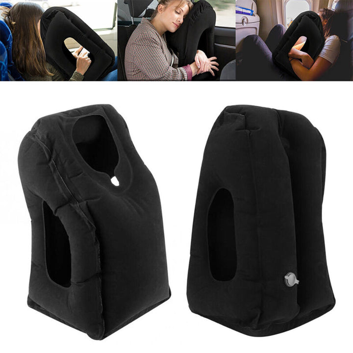 "Inflatable neck support travel pillow in gray, showcasing ergonomic design, skin-friendly material, and compact form."