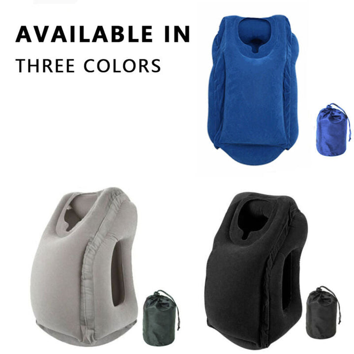 "Inflatable neck support travel pillow in gray, showcasing ergonomic design, skin-friendly material, and compact form."