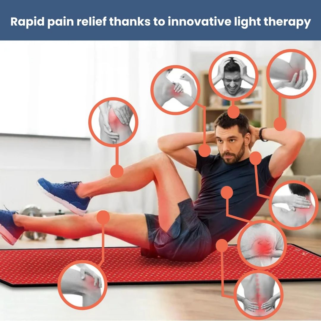 InfraGlow red light therapy mat for pain relief and recovery, featuring dual-wavelength tech and 630 LED beads, full-body use