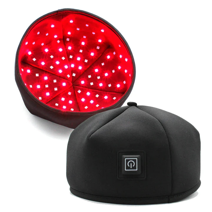 "Infrared phototherapy cap for hair growth, showing sleek design with 120 LEDs for scalp health, lightweight and ergonomic."