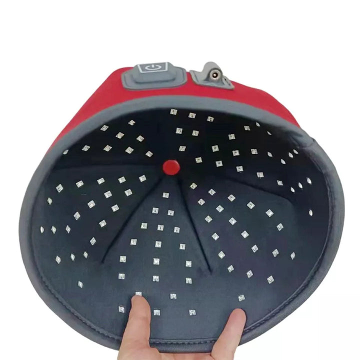 "Infrared phototherapy cap for hair growth, showing sleek design with 120 LEDs for scalp health, lightweight and ergonomic."