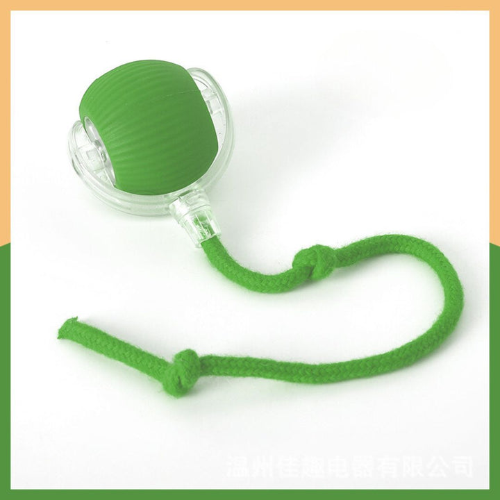 "Interactive cat toy ball with tail in green and grey, designed for active playtime and engaging feline hunting instincts."