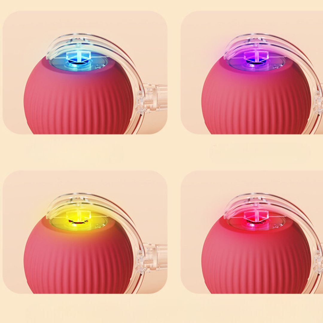 "Interactive cat toy ball with tail in green and grey, designed for active playtime and engaging feline hunting instincts."