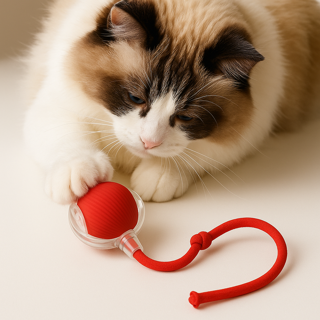 "Interactive cat toy with automated features, durable ABS build in red, green, grey; engages cats with moving parts."